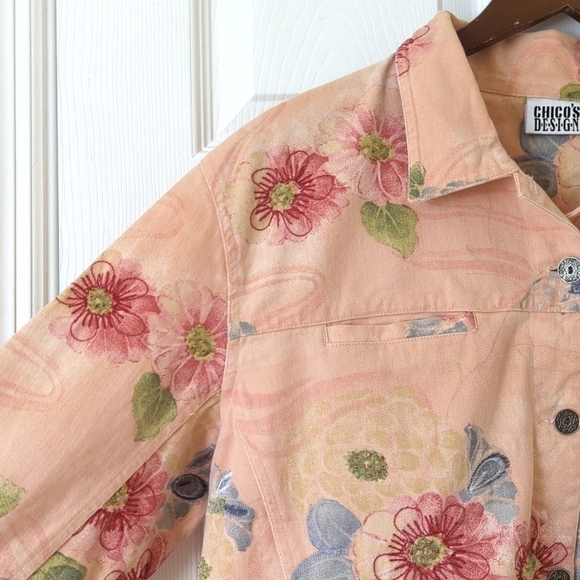 Chico's Design 90's Vintage Floral Embroidered & Beaded Denim Jacket Peach 3 - Picture 4 of 13